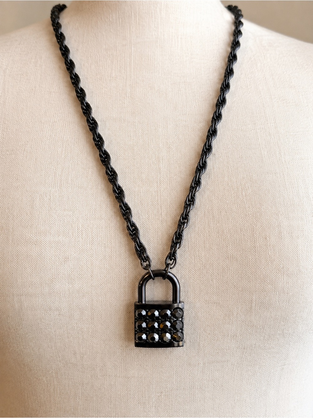 Lane Bryant Gunmetal Rhinestone Padlock Pendant Statement Necklace